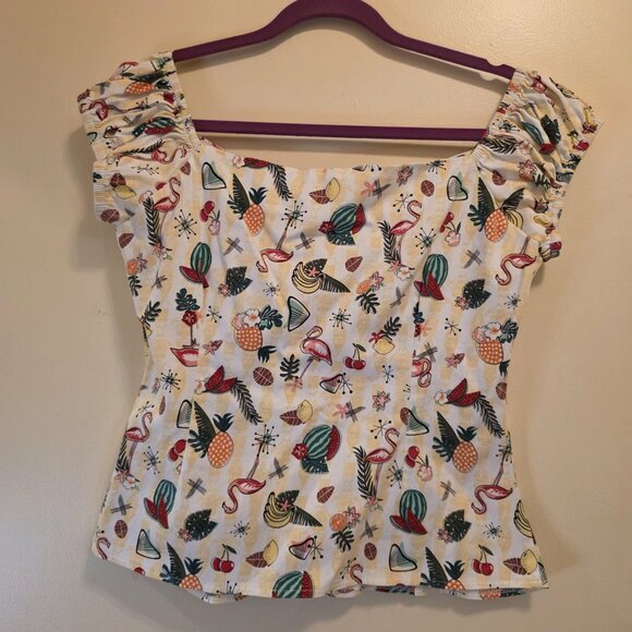 Collectif Delores Tropical Flamingo Fruit Top 2XL - Picture 4 of 4